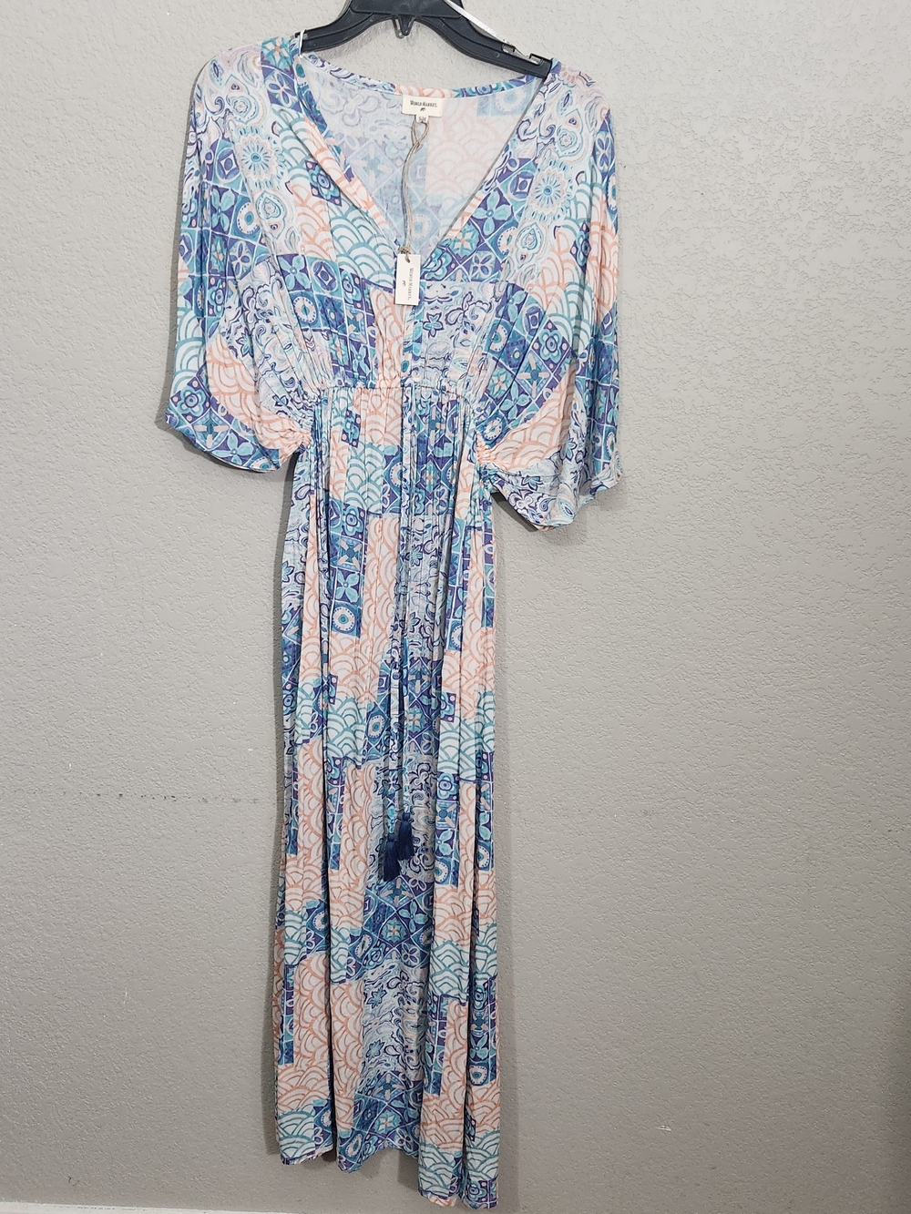 World Market Blue & Peach Patterned Boho Maxi Dress